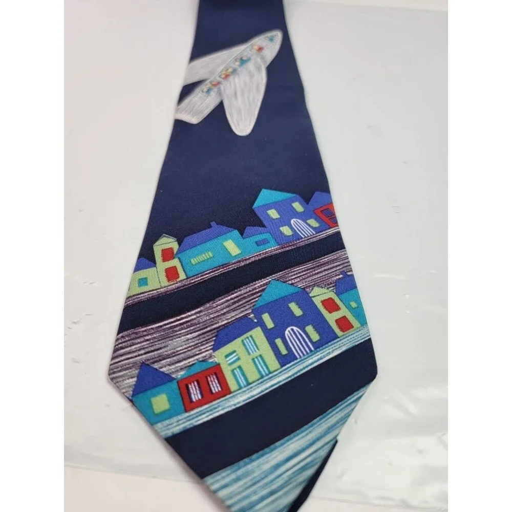 Save the Children Mens Silk Tie Navy Blue Airplane Houses Art Sam Age 10